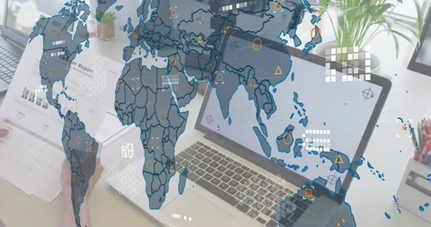 Upon world map fading in woman's hands tapping trackpad swiping tablet Video stock 318626432