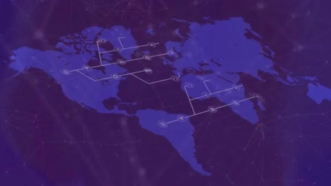 Upon world map loading, node markers lighting up and lines extending to 스톡 동영상 317265231