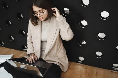 Upper-angle portrait of young smart pretty girl, student studying for classes Stock Photos