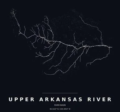 Upper Arkansas River Basin Watershed Map Line Art Dark Poster Stock Illustration
