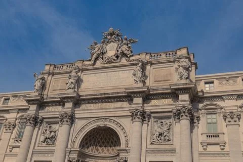 Upper attic and coat of arms of the Trevi Fountain Stock Photos