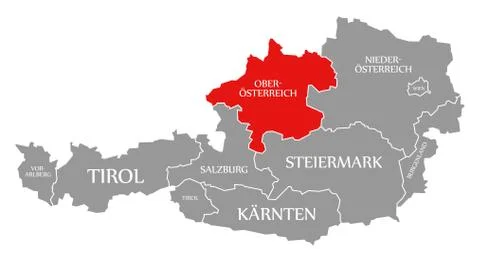 Upper Austria red highlighted in map of Austria Stock Illustration