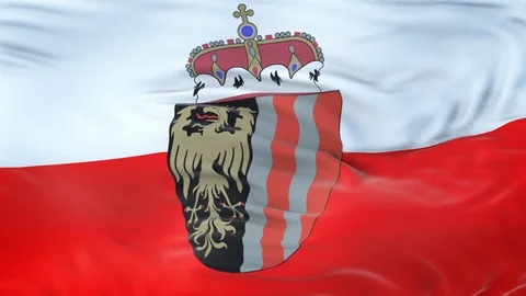 Upper Austria (state of Austria) flag waving in the wind with detailed texture. Video stock 129388102