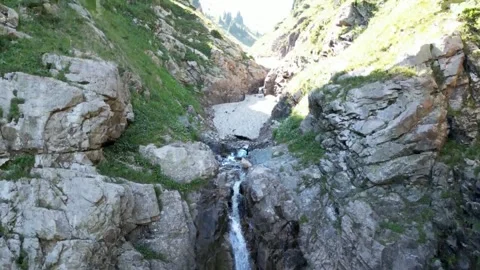 Upper Butakovsky Waterfall Aerial Drone View in Almaty Mountains, Kazakhstan Stock Footage 339680014