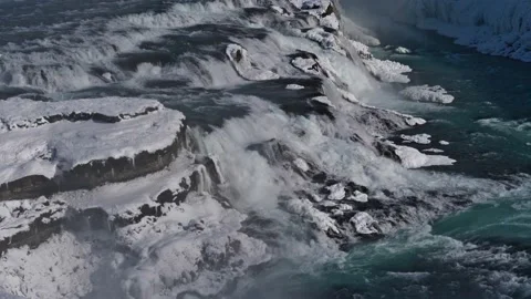 Upper cascade of Gullfoss waterfall, Golden Circle, Iceland in winter Stock Footage 154160334