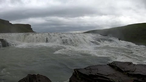 Upper cascades of Gullfoss waterfall with rushing white water, Iceland Stock Footage 334871994