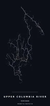 Upper Columbia River Basin Watershed Map Line Art Dark Poster Stock Illustration