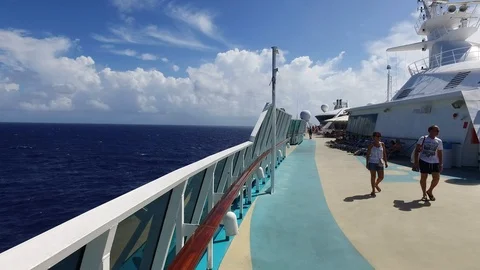 Upper deck of a cruise liner in the ocean POV Stock Footage 105167561