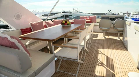 Upper deck of a luxury yacht docked during Genoa Boat Show Stock Footage 60048147