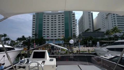 Upper deck of a yacht docked in Miami Stock Footage 74181114