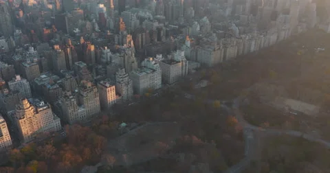 Upper East Side, Midtown Manhattan and Central Park Aerial at Sunset Stock Footage