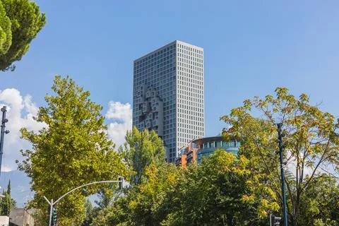 Upper Facade of Downtown One Skyscraper Above Green Trees Stock Photos