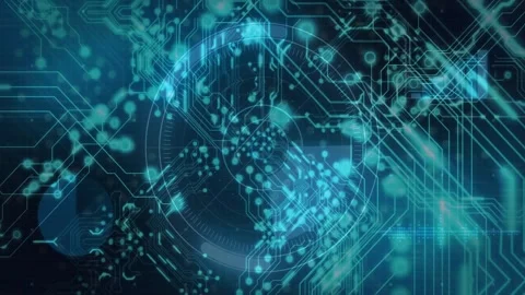 Upper-left nodes drifting into center, holo HUD rotating and processing data, Stock Footage 332404849