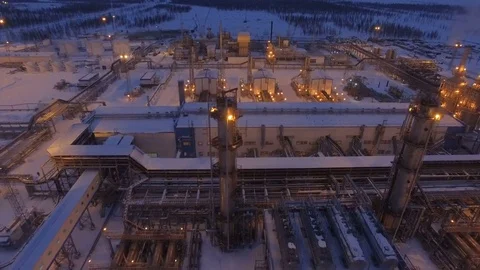 Upper Motion to Big Light Plant at Winter Night Stock Footage 73145180