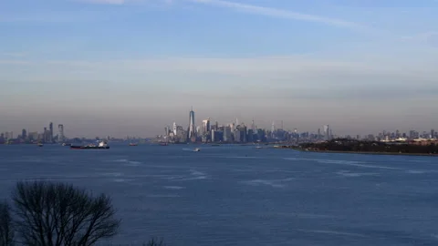 Upper New York Bay Skyline Zoom In Stock Footage 145807448