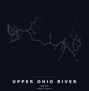 Upper Ohio River Basin Watershed Map Line Art Dark Poster Stock Illustration