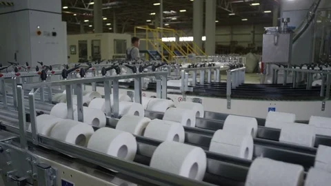 Upper Panoramic View of Long Toilet Paper Conveyor Stock Footage 72792033