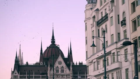 Upper part of the Budapest Parliament at sunset Stock Footage 320056193