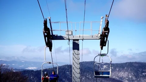 Upper part of cableway support with mechanism moving funicular chair equipment Stockbeeldmateriaal 81550361