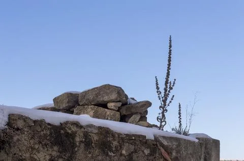 Upper part of a stone wall with snow and plants Foto stock