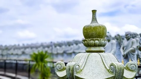 The Upper Part View of a Stone Lantern in Monastery Stock Photos