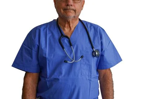 Upper portion on mail body wearing blue scrub shirt and a stethoscope  Stock Photos