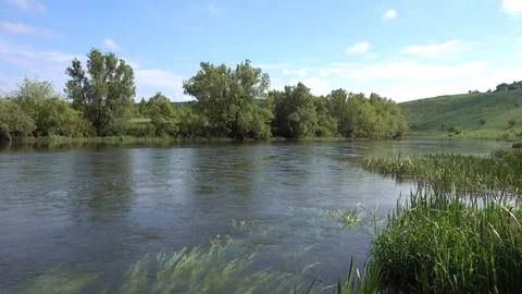 Upper reaches of famous russian river Don at sunny day, Russia. 4K Stock-Footage 124744323
