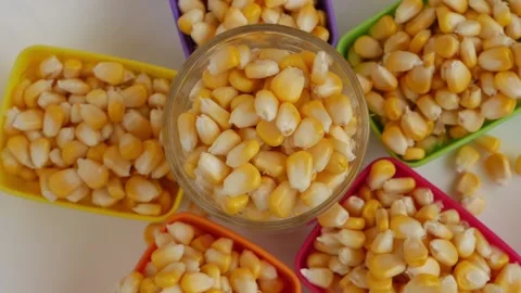 Upper rotating view of glass filled with corn seeds and plastic bowls around Stock Footage 148217930