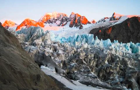 Upper section of the Fox Glacier at sunset, New Zealand Stock Photos