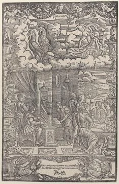 In upper section Mercury in a chariot drawn by two cocks, below musicians a.. Stock Photos