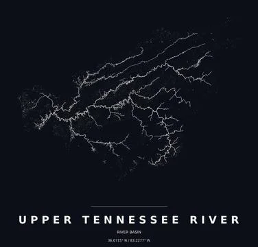 Upper Tennessee River Basin Watershed Map Line Art Dark Poster Stock Illustration