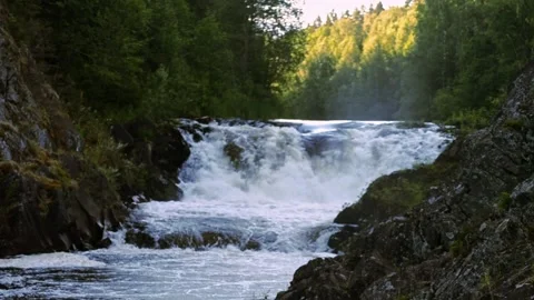 The upper threshold of the Kivach waterfall on the Suna River Stock Footage 208883186