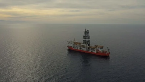 Upper view drillship on calm ocean water under vast sky Stock Footage 101965467