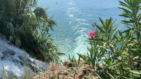 Upper View of Duden Waterfall Edge Flowing Toward Mediterranean Sea Stock Footage 344038248