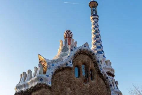 Upper view of Entry Pavillon at parc Guell in Barcelona at sunset Stock Photos