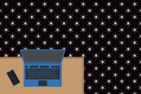 Upper view office working place laptop lying wooden desk smartphone side Stock Illustration