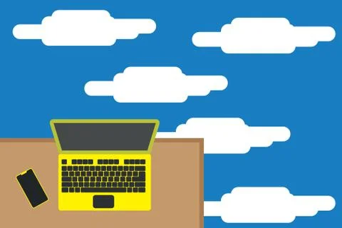 Upper view office working place laptop lying wooden desk smartphone side Stock Illustration