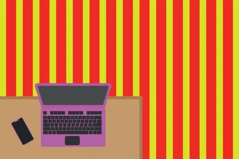Upper view office working place laptop lying wooden desk smartphone side Stock Illustration