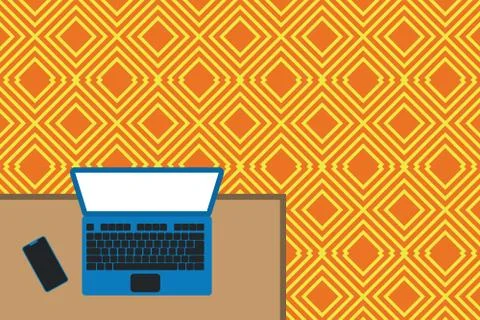 Upper view office working place laptop lying wooden desk smartphone side Stock Illustration
