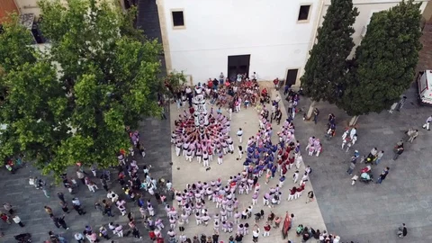 Upper view people train to make human castles in Catalonia Stock Footage 103286710
