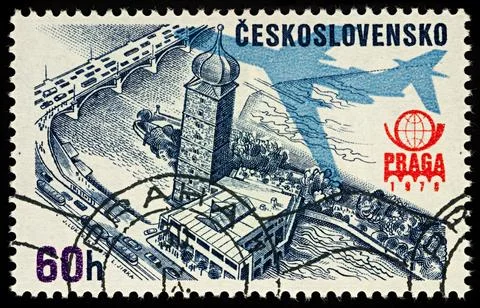 Upper view of Prague on postage stamp Stock Photos