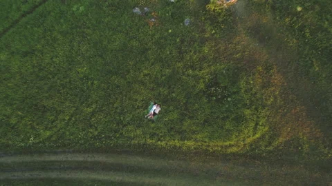 The upper view on romantic couple laying on green grass Stock Footage 159843688