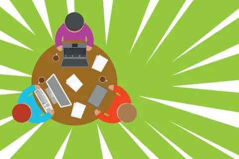 Upper view three busy office workers round table laptop personal computer tablet Stock Illustration