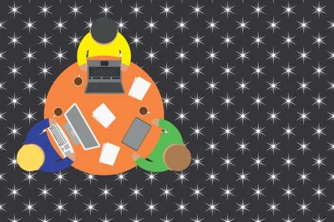Upper view three busy office workers round table laptop personal computer tablet Stock Illustration