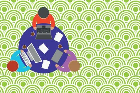 Upper view three busy office workers round table laptop personal computer tablet Stock Illustration