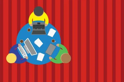 Upper view three busy office workers round table laptop personal computer tablet Stock Illustration