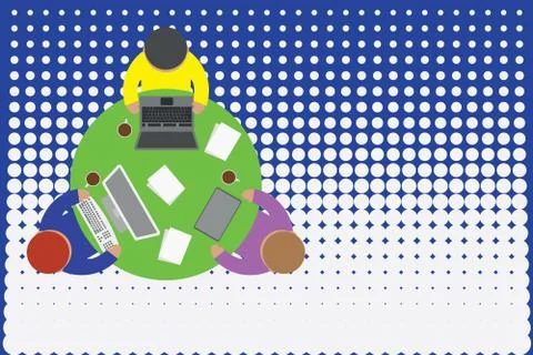 Upper view three busy office workers round table laptop personal computer tablet Stock Illustration
