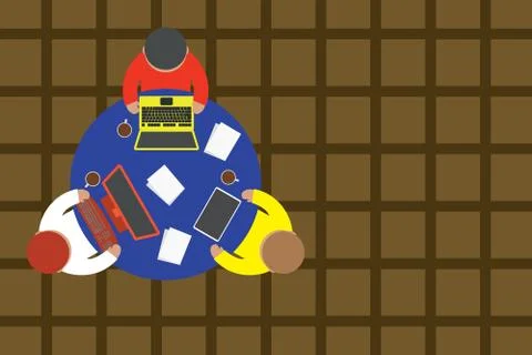 Upper view three busy office workers round table laptop personal computer tablet Stock Illustration