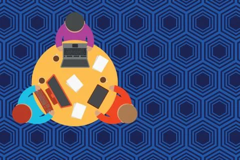 Upper view three busy office workers round table laptop personal computer tablet Stock Illustration