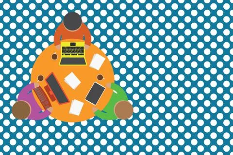 Upper view three busy office workers round table laptop personal computer tablet Stock Illustration